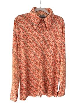 VTG 1970s Mr. California Orange Geometric Print Dagger Collar Disco Shirt